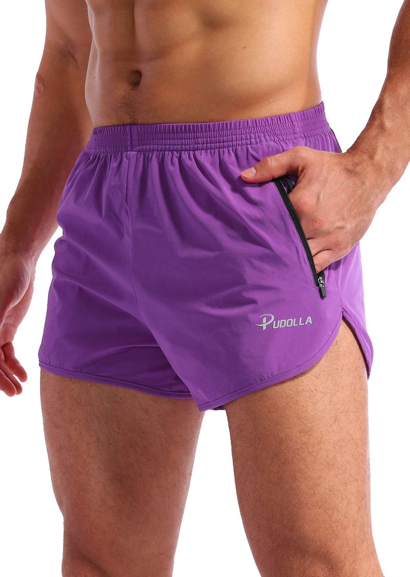 Pudolla Men’s Running Shorts 3 Inch Quick Dry Gym Athletic Workout Shorts for Men with Zipper Pockets(Purple Medium) - Image 1
