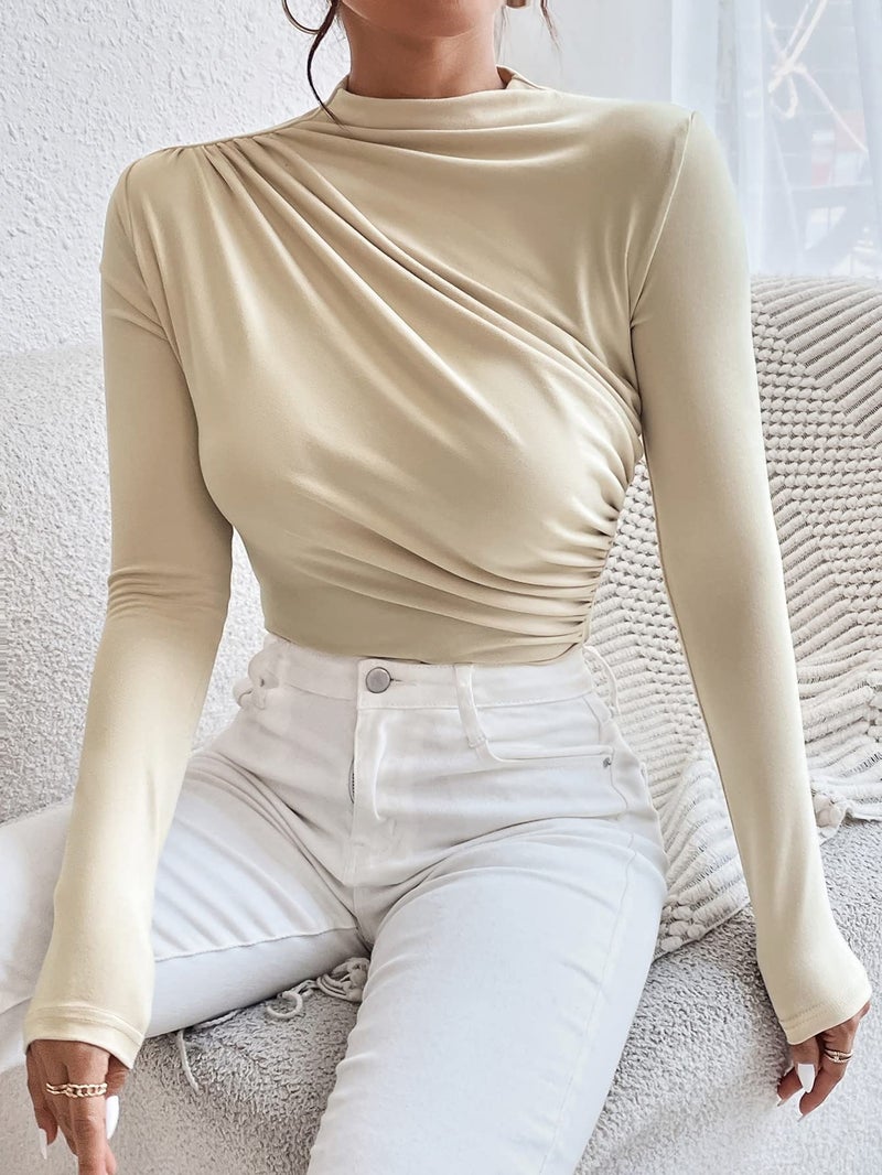 SweatyRocks Women's Bodysuit Mock Neck Casual Ruched Long Sleeve Jumpsuit Apricot XS - Image 3