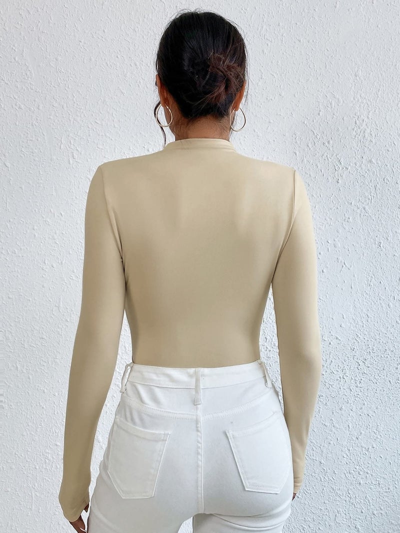 SweatyRocks Women's Bodysuit Mock Neck Casual Ruched Long Sleeve Jumpsuit Apricot XS - Image 2