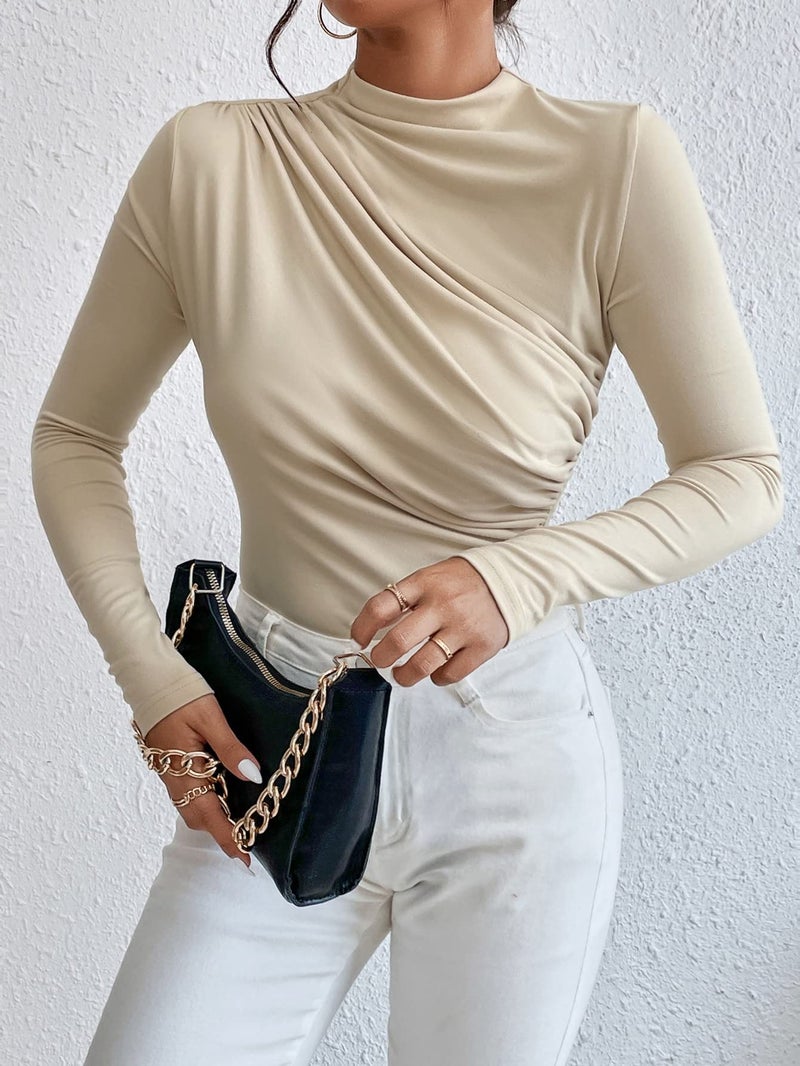 SweatyRocks Women's Bodysuit Mock Neck Casual Ruched Long Sleeve Jumpsuit Apricot XS - Image 4
