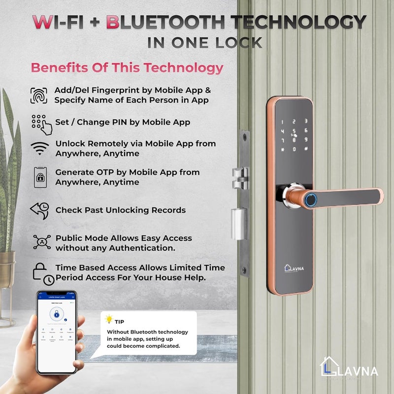 LAVNA قفل باب ذكي واي فاي | 7 طرق لفتح القفل | بصمة إصبع، تطبيق موبايل، واي فاي + بلوتوث، OTP، رقم سري، بطاقة RFID ومفتاح يدوي للوحات الخشبية | تركيب مجاني (LA28، WF + BT وردي ذهبي) - Image 2