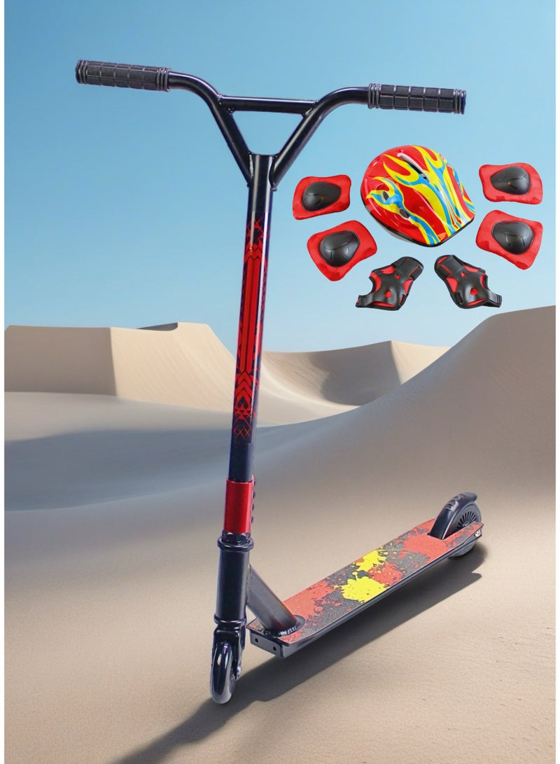 EASY FUTURE Stunt Scooter for Tricks – 2-Wheel Pro Scooter with 110 mm Aluminium Wheels, Aluminium Deck with Grip Tape, Wide T-Tube Bars, Steel Brake, 360° Spin, Ideal for Beginner & Intermediate Riders Including Full Protective Gear Set - Image 1