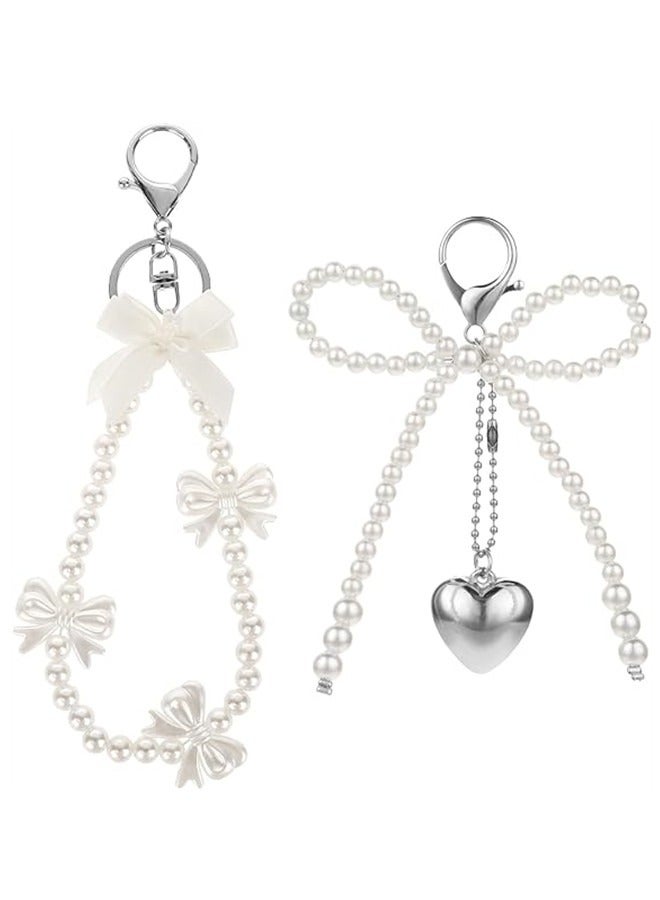 أوساويك قطعتان من سلاسل المفاتيح بتصميم كعكة اللؤلؤ سلاسل مفاتيح جميلة للنساء قلادة قلب فضية بعقدة البوه حلقة مفاتيح وأكسسوارات هاتف إكسسوارات أنيقة لحقائب الفتيات سلاسل مفاتيح جمالية لمفاتيح السيارة والحقيبة - Image 1