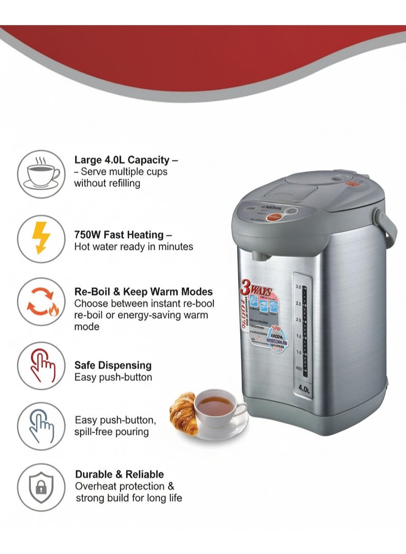 نوفا غلاية مياه كهربائية بسعة 4.0 لتر – غلاية كهربائية بقدرة 750 واط مع وظيفة إعادة الغلي والتدفئة المستمرة | غلاية مياه ساخنة أوتوماتيكية للشاي والقهوة والوجبات السريعة - Image 3