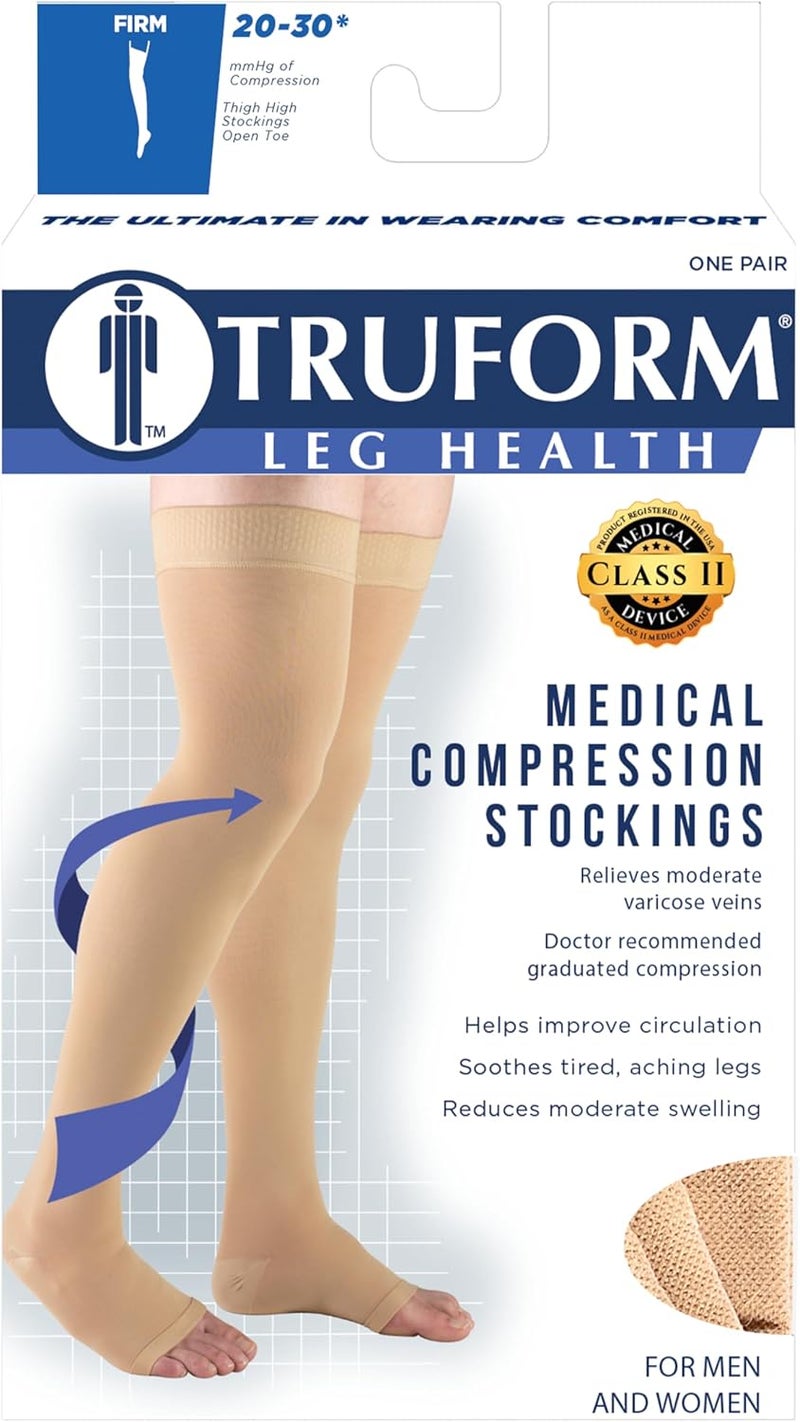 Truform جوارب ضغط Truform 20-30 مم زئبقي للرجال والنساء، بطول فخذ، تصميم رأس نقطي، أصابع مفتوحة، بيج، كبير - Image 4