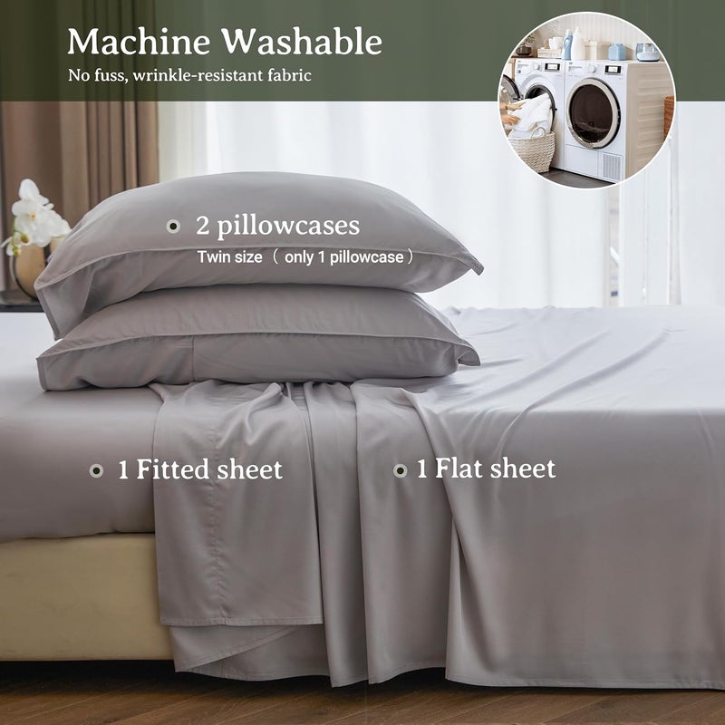 Simple&Opulence 100% Viscose from Bamboo Sheet Set 3Pcs, Cooling for Hot Sleepers, Soft Breathable Bed Sheets Set, 15" (38cm) Deep Pockets, Luxury Hotel Silky Bedding Sheets (Grey,Twin) - Image 5