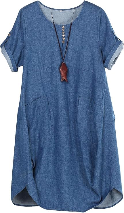 Minibee Womens Ruffle Oversize Casual Midi Dresses with Pockets L Denim Blue