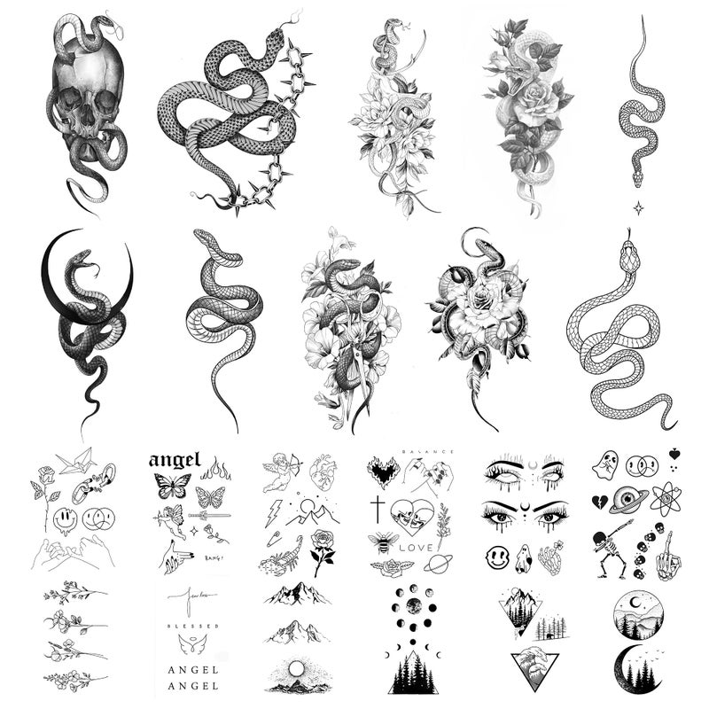 JINYOUS 22 Sheets Realistic Temporary Tattoo 10 sheets Sexy Snake Fake Tattoos Stickers Floral Peony Rose Tribal Viper Snake Temporary Tatoos For Women Men Adults Body Art Forearm Arm Leg