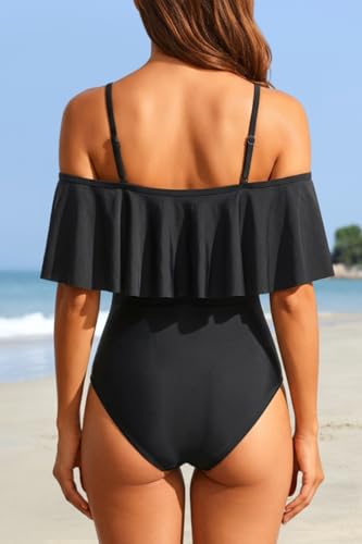 Tempt Me Women's Black Off Shoulder One Piece Swimsuits Flounce Ruffle Bathing Suits M - Image 2
