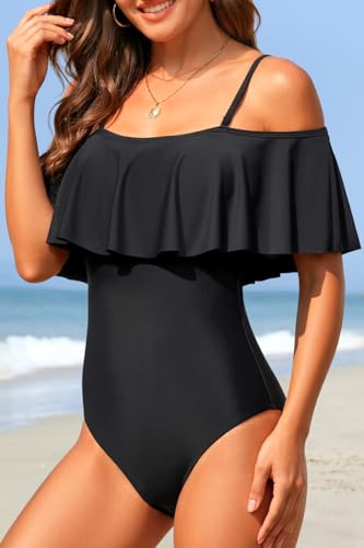 Tempt Me Women's Black Off Shoulder One Piece Swimsuits Flounce Ruffle Bathing Suits M - Image 3