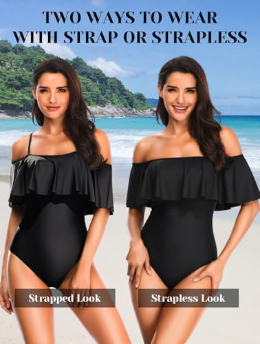 Tempt Me Women's Black Off Shoulder One Piece Swimsuits Flounce Ruffle Bathing Suits M - Image 4