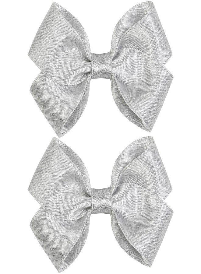 TEBIEKOY 3 Inch Glitter Satin Hair Bows Clips–Set of 2 Lined Alligator Clips Small Boutique Hair Clips for Girls, Toddlers, Kids and Teens Barrettes Daily Wear(Silver) - Image 1