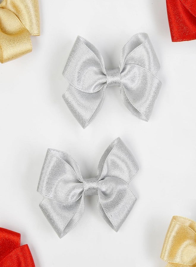 TEBIEKOY 3 Inch Glitter Satin Hair Bows Clips–Set of 2 Lined Alligator Clips Small Boutique Hair Clips for Girls, Toddlers, Kids and Teens Barrettes Daily Wear(Silver) - Image 2