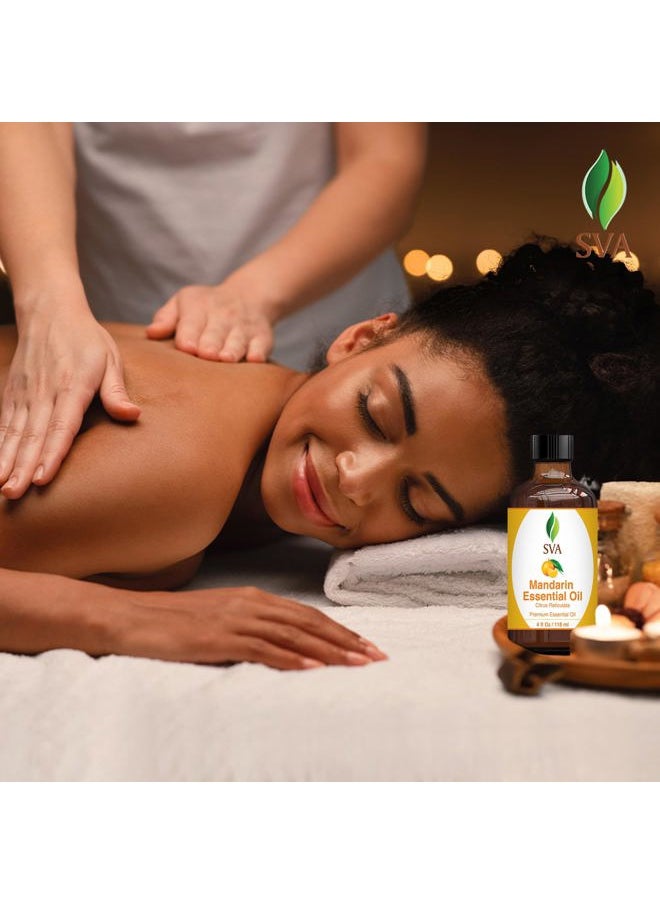 SVA Organics - SVA Mandarin Essential Oil – 4 Fl Oz – 100% Natural Mandarin Oil - for Diffuser, Hair Care, Face, Skin Care, Aromatherapy, Scalp and Body Massage, Soap and Candle Making – with Dropper - Image 1