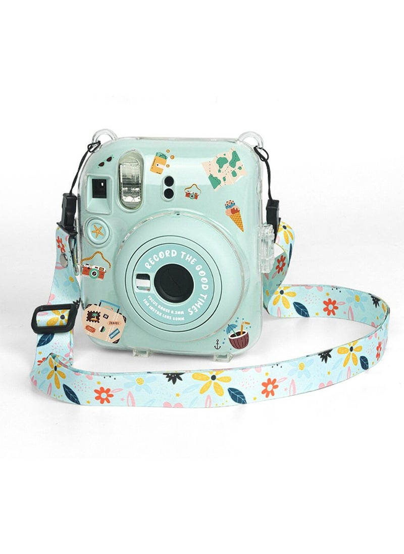 Fankalo Clear Camera Case for Fujifilm Instax Mini 12 Instant Camera,Mini 12 Hard Case with Photo Pocket Holds on Back and Adjustable Shoulder Strap & Cute Camera Sticker (Green)  - Image 1