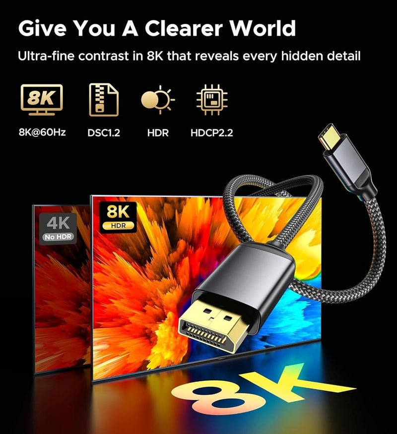 Tobo USB C to DisplayPort 1.4 Cable 6FT 8K@60Hz, 4K@240Hz/144Hz, Type C to Display Port Cord Compatible with i-Phone 15, MacBook Pro/Air, i-Pad, iMac TD-1094TC - Image 5