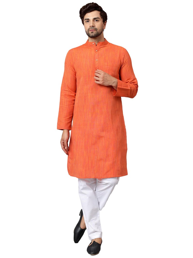 LATEST CHIKAN Men's Cotton Regular Fit Long Kurta Full Sleeves - Casual Ethnic Wear,38 Orange - Image 1
