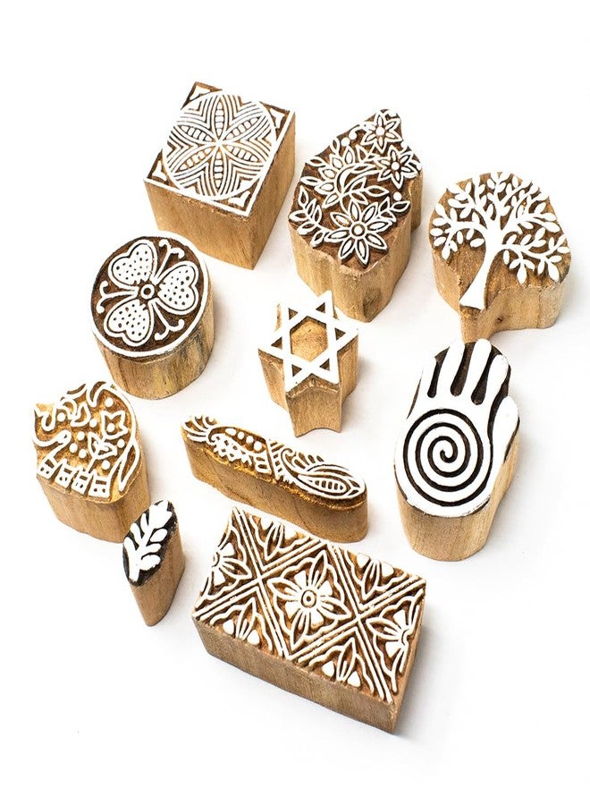 TWOGRAMS Wooden Stamp Block, Printing Stamp Design Set | Block for Printing Saree Border | Dresses, Craft Card Making, Scrapbook, Clay Pottery | Set of 10 | TwoGrams - Image 1