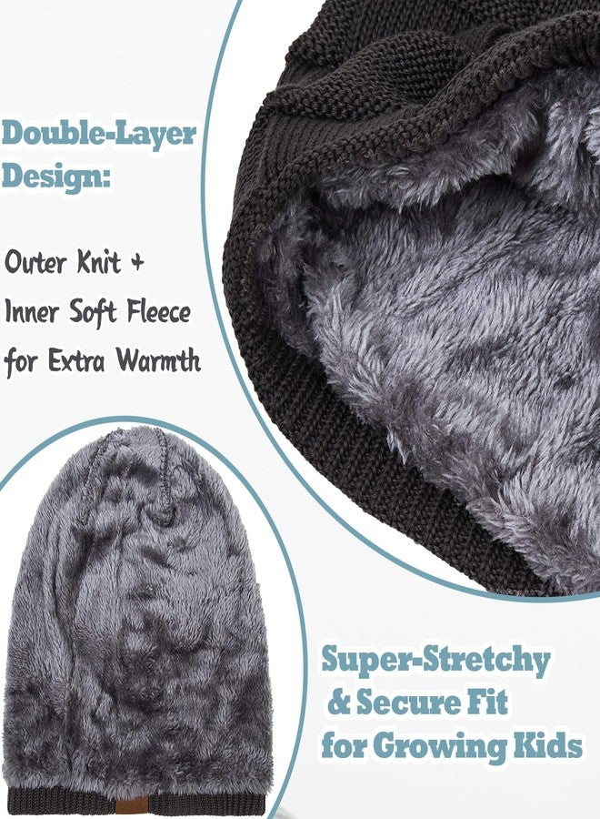 KMOLY 3 Packs Kids Winter Hats Warm Beanie Skull Cap Cozy Fleece Lined for Boys Girls 4-15Y Slouchy Beanie Windproof Knitted Hat (US, Age, 4 Years, 15 Years, 3hat (Black,Grey,Blue)) - Image 3