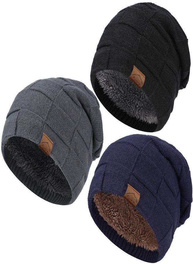 KMOLY 3 Packs Kids Winter Hats Warm Beanie Skull Cap Cozy Fleece Lined for Boys Girls 4-15Y Slouchy Beanie Windproof Knitted Hat (US, Age, 4 Years, 15 Years, 3hat (Black,Grey,Blue)) - Image 1
