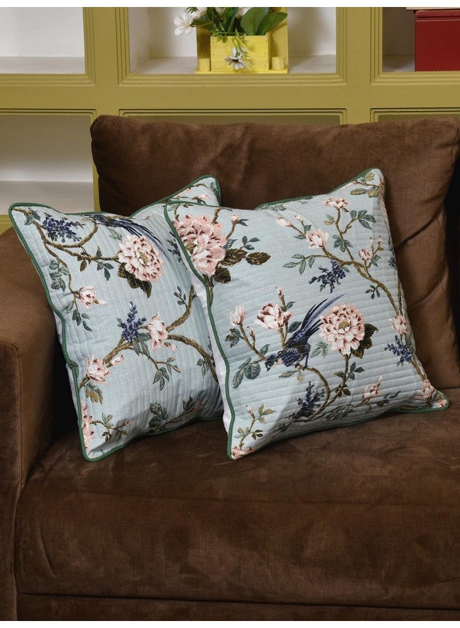 Clasiko Cotton Cushion Covers Set of 2; 16x16 Inches; Light Flowers On Light Blue - Image 2