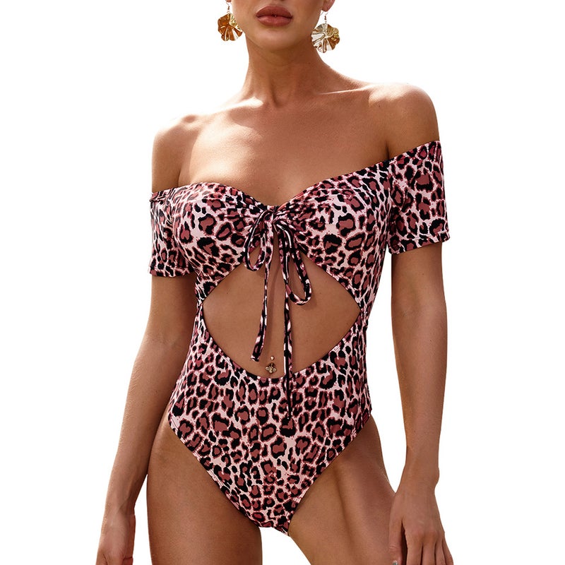Women Leopard Print One Piece Swimsuit Off the Shoulder Hollow Out High Waist Padded Bodysuit Bikinis Beach Pool Bathing Swimwear - Image 5