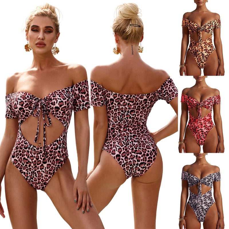 Women Leopard Print One Piece Swimsuit Off the Shoulder Hollow Out High Waist Padded Bodysuit Bikinis Beach Pool Bathing Swimwear - Image 3