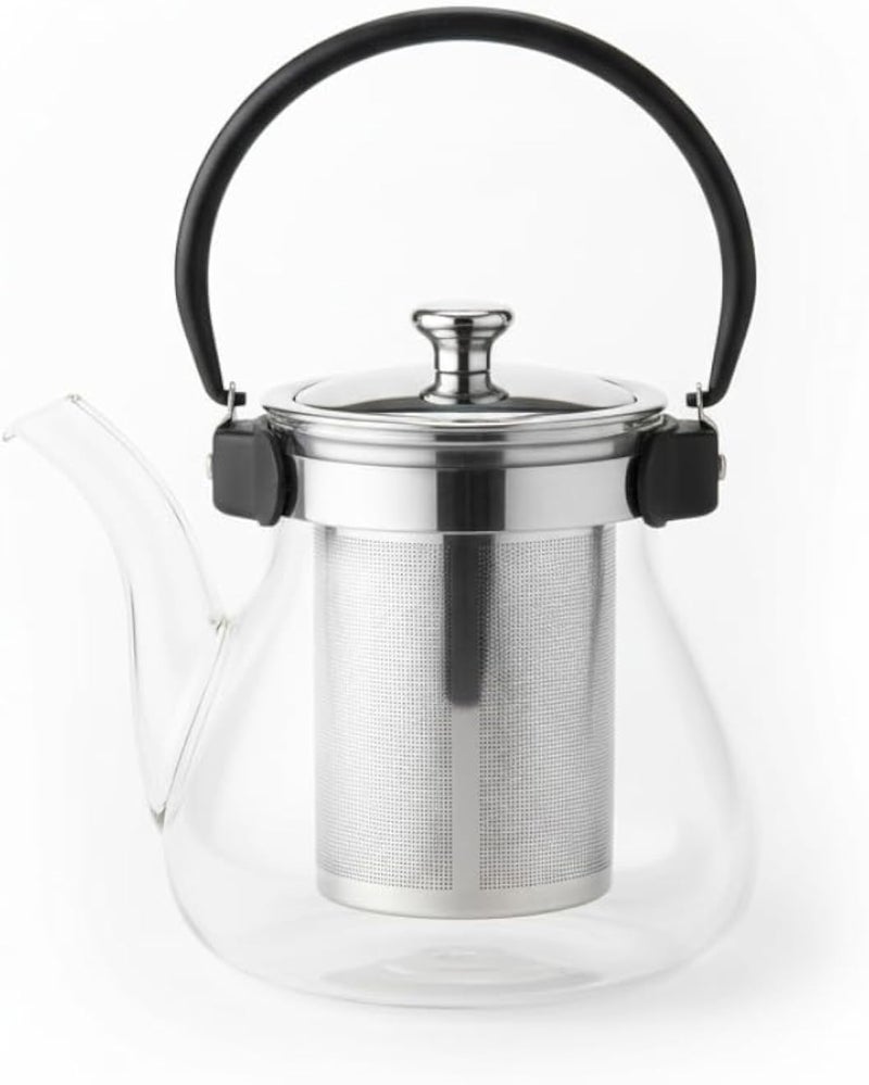 إبريق شاي زجاجي مع مصفاة من الفولاذ المقاوم للصدأ - غلاية زجاجية من زجاج البوروسيليكات المقاوم للحرارة سعة 1000 مل مع مقبض مريح - صانع شاي آمن للاستخدام على الموقد لأوراق الشاي السائبة والشاي المتفتح (4-6 أكواب)