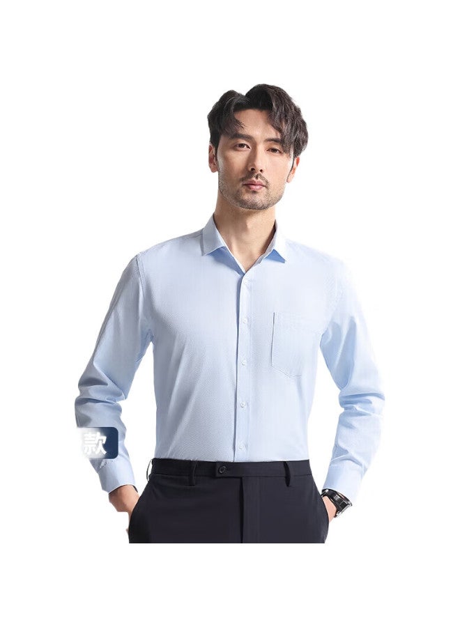 FIRS Long-Sleeve Shirt For Men, Business Formal Wear, Casual Solid Color Wrinkle-Free Dress Shirt, Blue Twill 088, Size 40 - Image 3