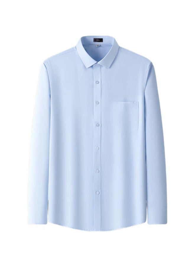 FIRS Long-Sleeve Shirt For Men, Business Formal Wear, Casual Solid Color Wrinkle-Free Dress Shirt, Blue Twill 088, Size 40 - Image 1