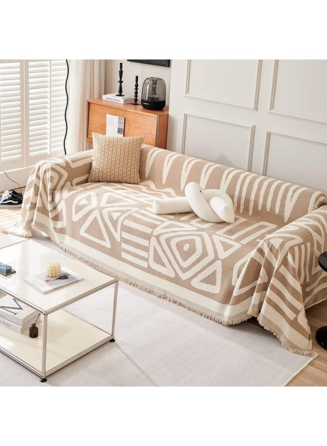 Beauenty Chenille Sofa Covers, Washable Geometric Jacquard Bohemian Couch Cover, Couch Furniture Protector, Non Slip Sectional Sofa Slipcover (Khaki, 180 * 340cm) - Image 1