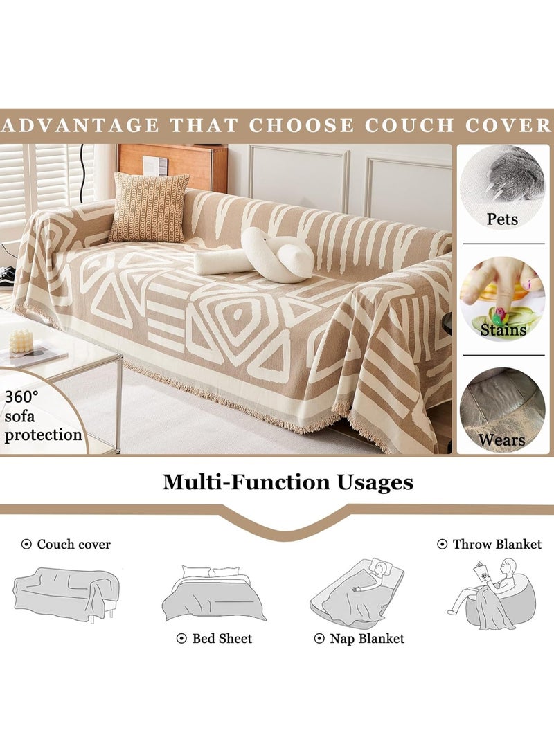 Beauenty Chenille Sofa Covers, Washable Geometric Jacquard Bohemian Couch Cover, Couch Furniture Protector, Non Slip Sectional Sofa Slipcover (Khaki, 180 * 340cm) - Image 3