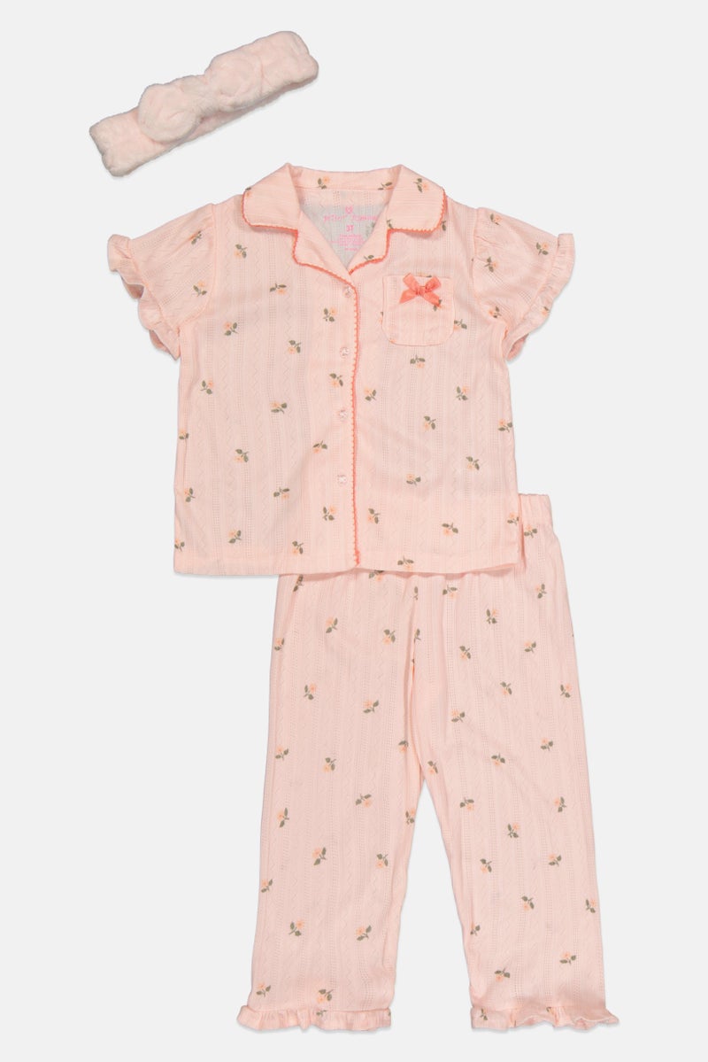 Betsey Johnson Toddlers Girl 3 Pieces Allover Print Top And Bottom Pajama Set With Headband, Pink - Image 3