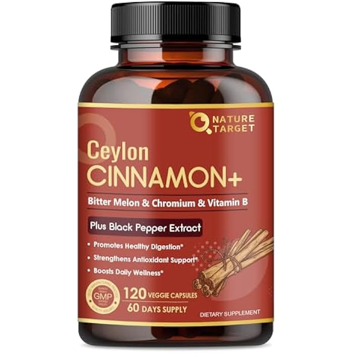 NATURE TARGET Ceylon Cinnamon - Cinnamon Supplements with Chromium, Bitter Melon & B Vitamins - Energy & Digestion Support - Vegan, 120 Capsules - Image 1