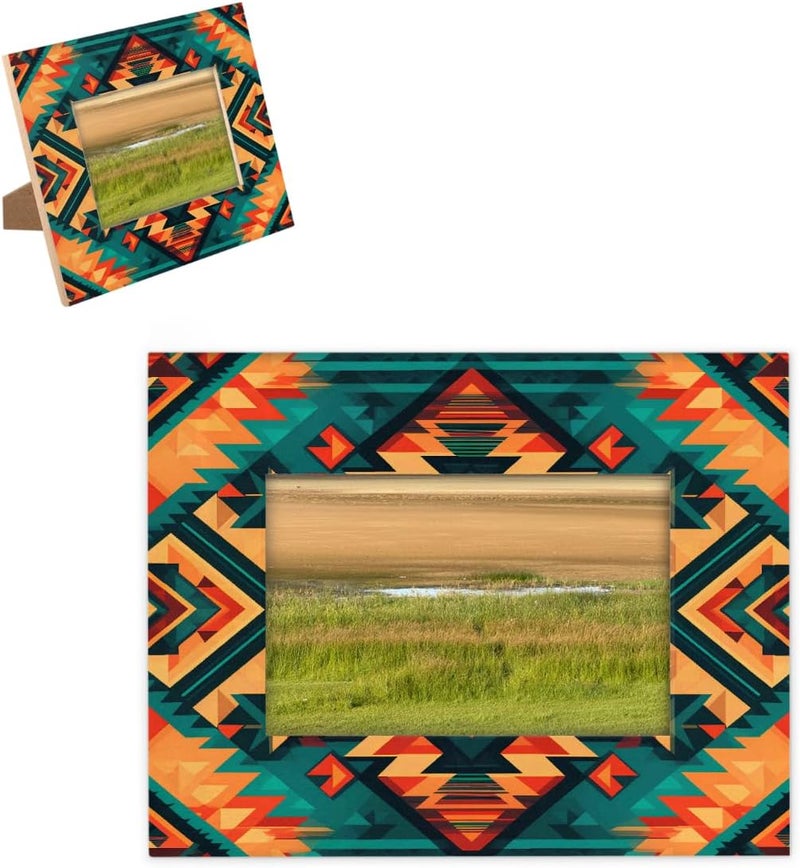 5x7inch Picture Frame Wood Ethnic Aztec Bohemian Retro Photo Frames With Mat Wall And Tabletop Display Wall Hanging Photo Frame For Home DéCor And Family Friends Wedding Gift Ideas - Image 1