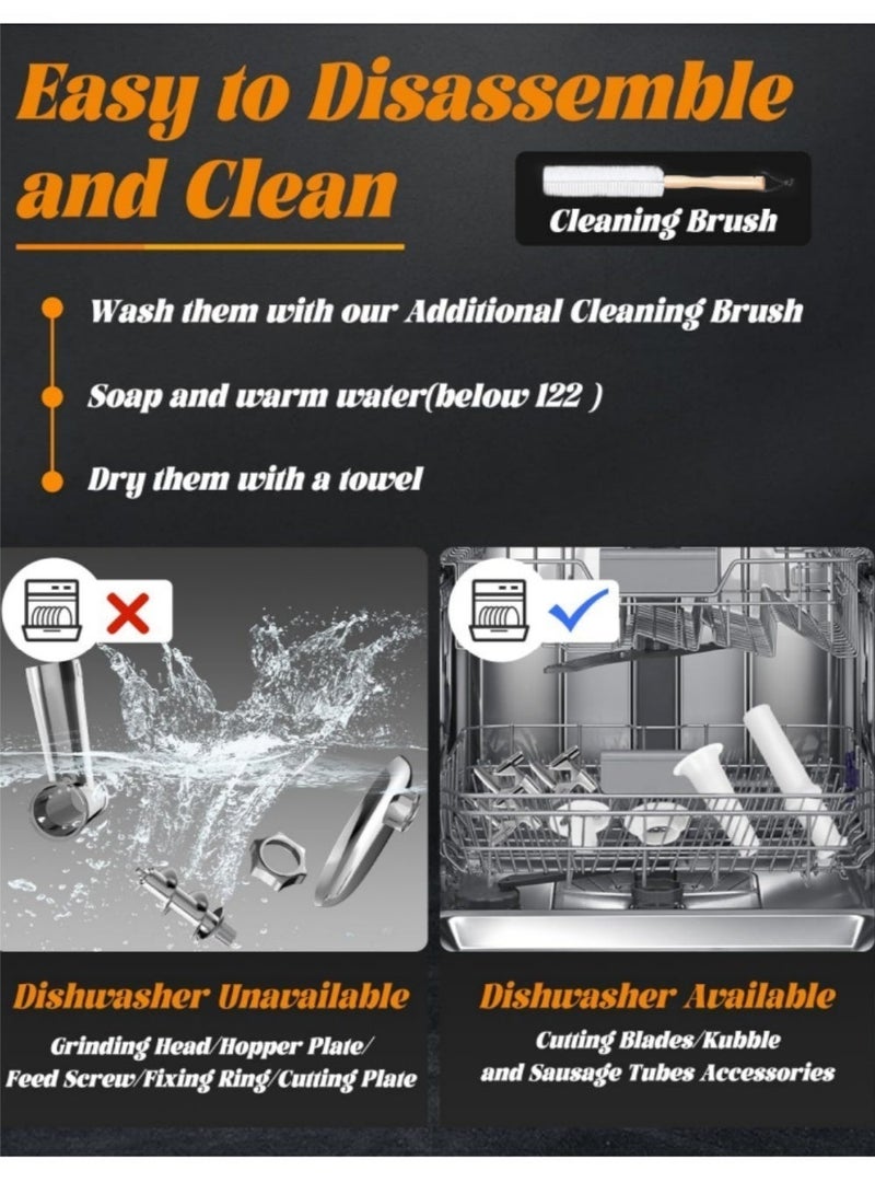 إثارة مفرمة لحم، حشو سجق، مفرمة لحم كهربائية من EXCITAT بشفرات من الفولاذ المقاوم للصدأ، 3 ألواح طحن، صانع سجق A+B طقم كبة للاستخدام في المطبخ المنزلي والتجاري، مطحنة طعام، أجهزة مطبخ، لون فضي - Image 5