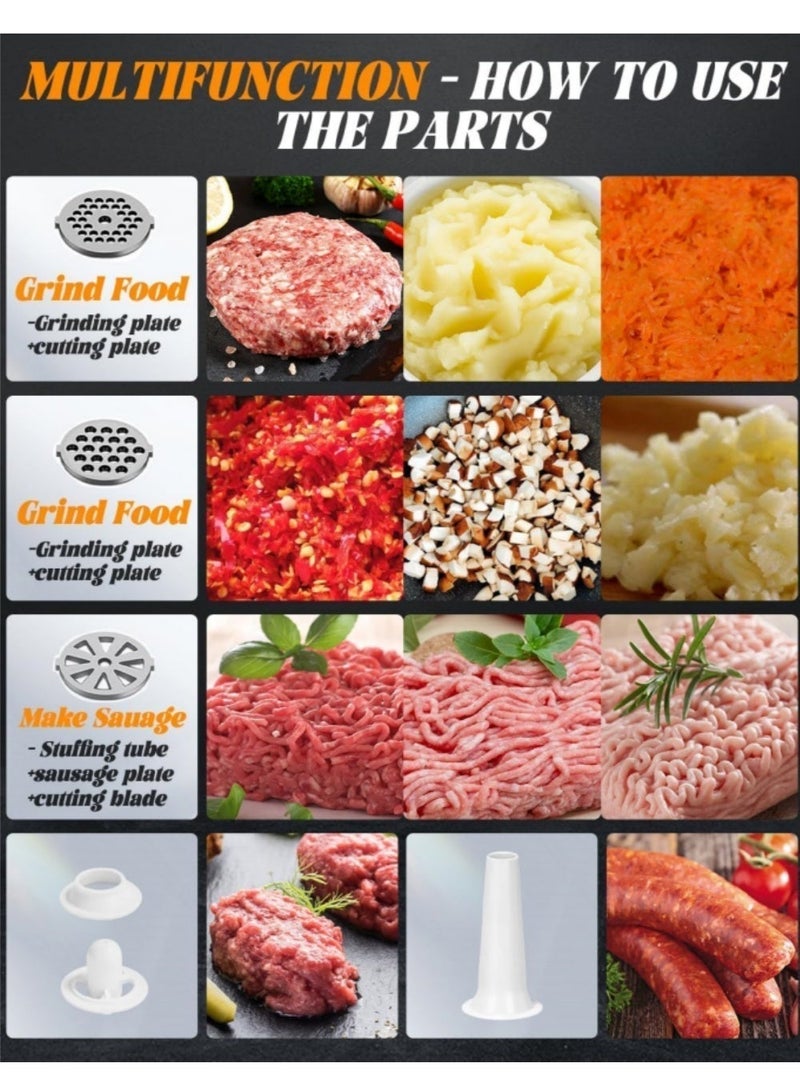 إثارة مفرمة لحم، حشو سجق، مفرمة لحم كهربائية من EXCITAT بشفرات من الفولاذ المقاوم للصدأ، 3 ألواح طحن، صانع سجق A+B طقم كبة للاستخدام في المطبخ المنزلي والتجاري، مطحنة طعام، أجهزة مطبخ، لون فضي - Image 4