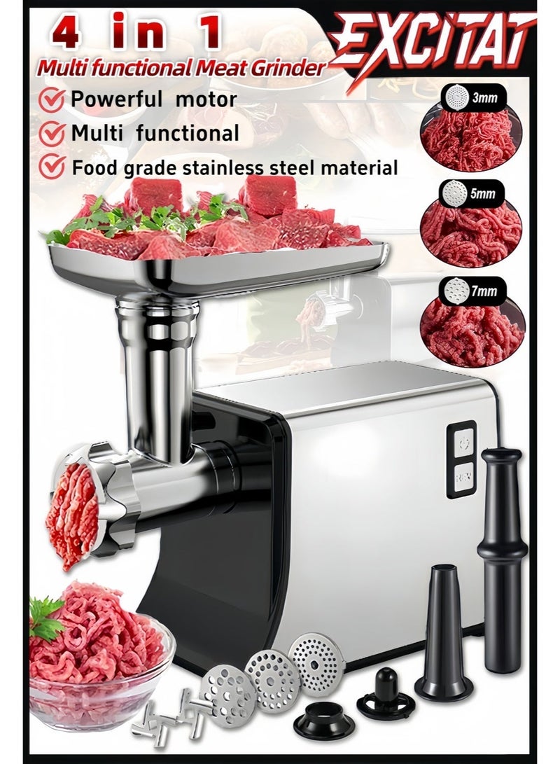 إثارة مفرمة لحم، حشو سجق، مفرمة لحم كهربائية من EXCITAT بشفرات من الفولاذ المقاوم للصدأ، 3 ألواح طحن، صانع سجق A+B طقم كبة للاستخدام في المطبخ المنزلي والتجاري، مطحنة طعام، أجهزة مطبخ، لون فضي - Image 1