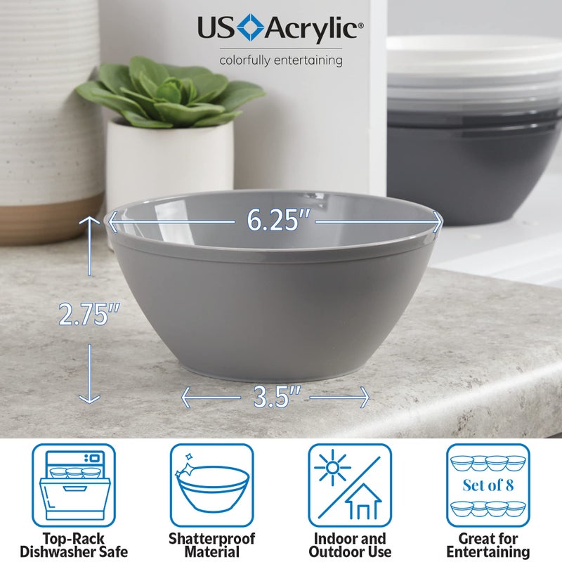 US Acrylic أوعية حبوب بلاستيكية أكريليك غير قابلة للكسر سعة 28 أونصة قابلة للتكديس للوجبات الخفيفة والآيس كريم بألوان رمادية (مجموعة من 8) 6 بوصة قابلة لإعادة الاستخدام خالية من BPA مصنوعة في الولايات المتحدة آمنة للغسل في غسالة الصحون - Image 3