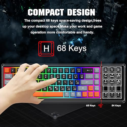 Snpurdiri 60% Percent Gaming Keyboard, Compact RGB Backlit Small Gaming Keyboard for Windows, PC, Laptop (68 Keys, Black-Grey-Orange) - Image 2