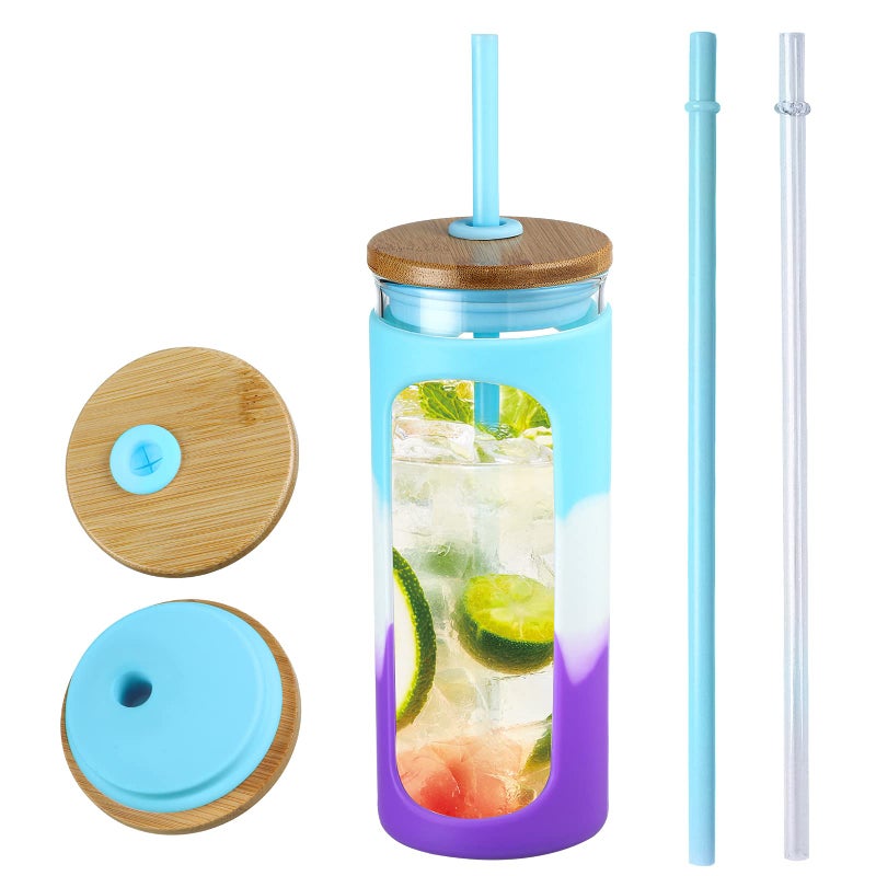Kodrine 20oz Glass Tumbler with Straw and Lid Iced Coffee Cups with Bamboo Lids Glass Cups for Cold Drinks Smoothie Cup with Silicone Sleeve for Travel Work BPA FREEBlue Purple