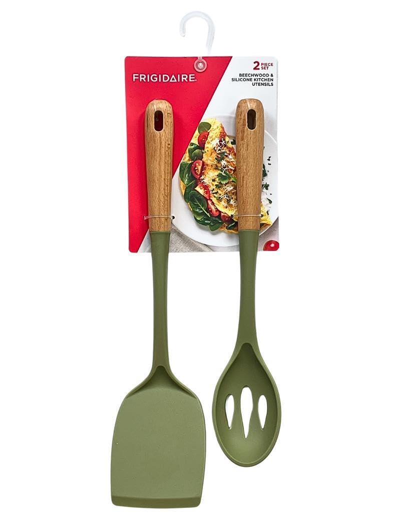 2PC Beechwood and Silicone Utensil Set, Large Turner, Large Slot Spoon, Kitchen Cooking Utensils with Beechwood Handle and Silicone Head (OLIVE)