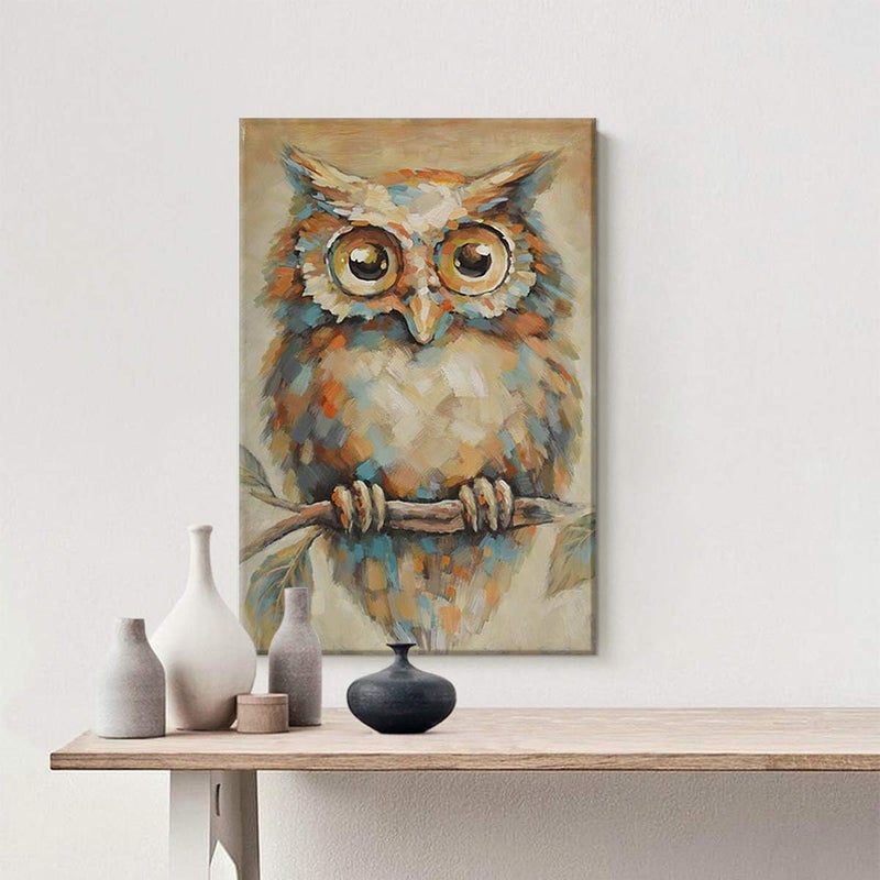 Pigort Quirky Owl Painting Print on Wrapped Canvas Wall Art Animal Picture Artwork Hand Painted Detail Wall Decor for Living Room (24 x 36 Inch) - Image 3