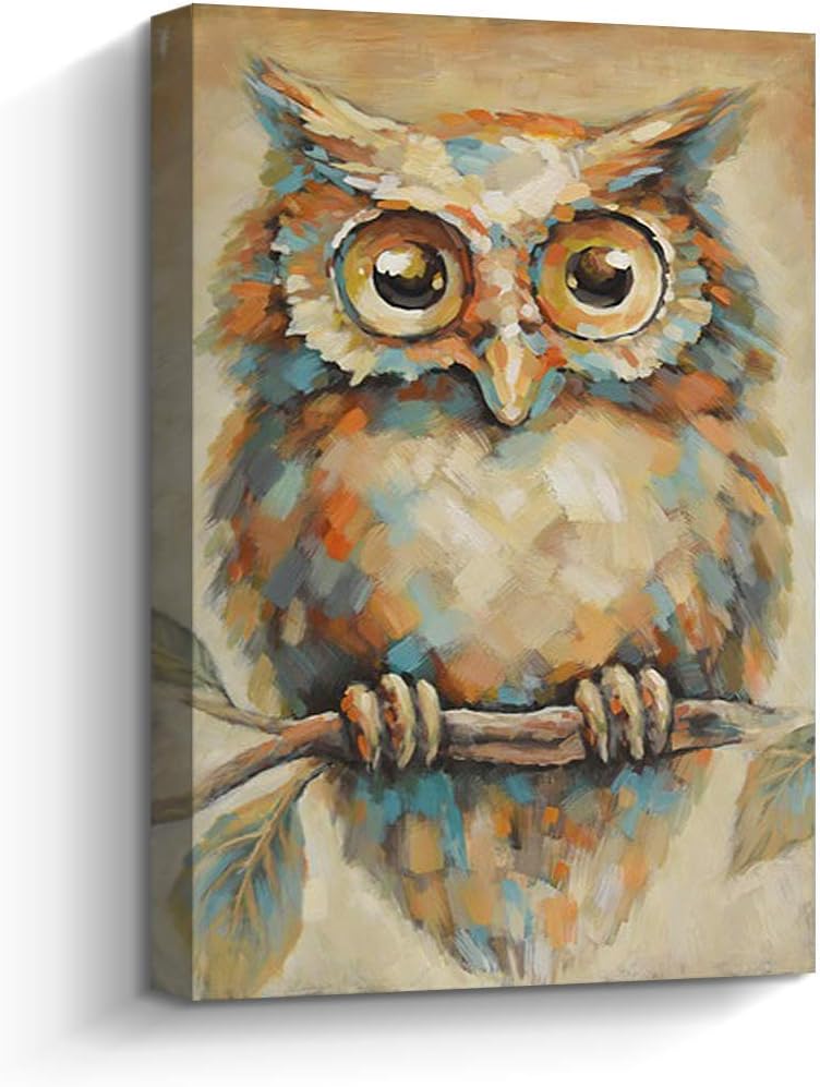 Pigort Quirky Owl Painting Print on Wrapped Canvas Wall Art Animal Picture Artwork Hand Painted Detail Wall Decor for Living Room (24 x 36 Inch) - Image 1