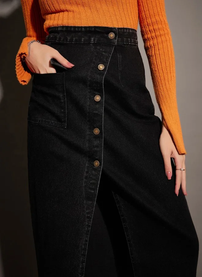 SASSAFRAS Black Front Slit Denim Wrap Midi Skirt for Women