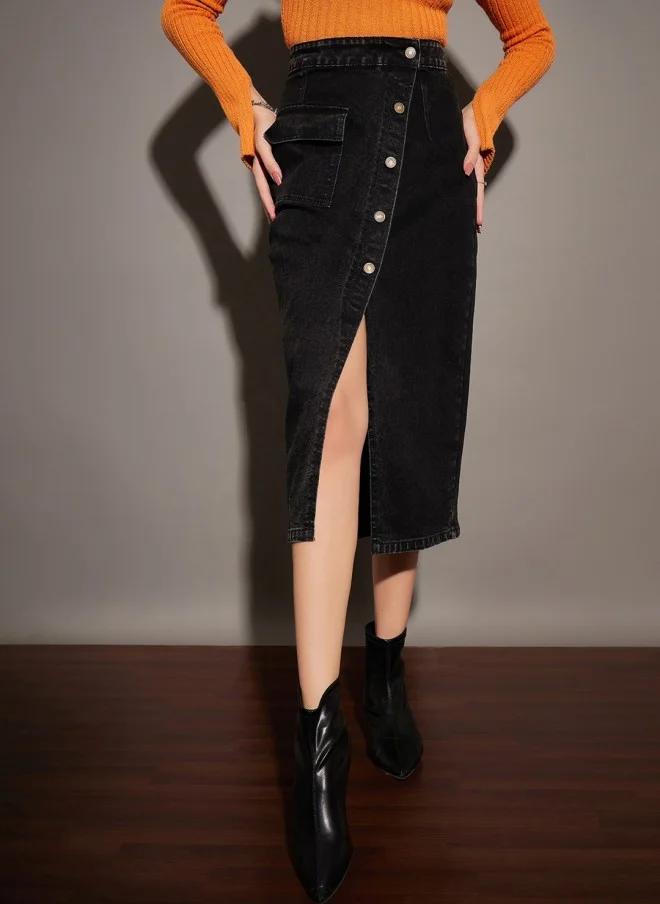 SASSAFRAS Black Front Slit Denim Wrap Midi Skirt for Women
