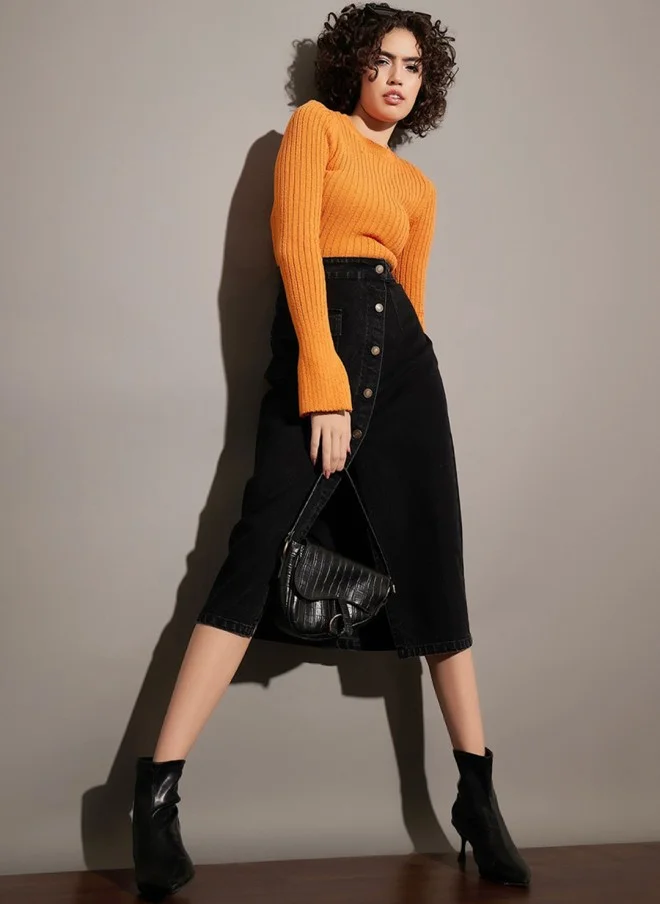 SASSAFRAS Black Front Slit Denim Wrap Midi Skirt for Women