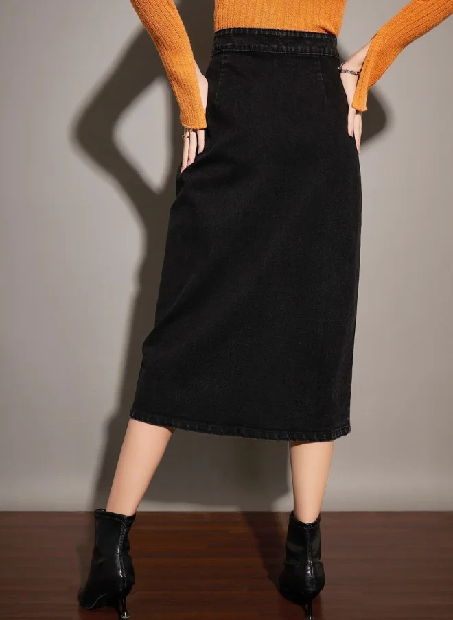 SASSAFRAS Black Front Slit Denim Wrap Midi Skirt for Women