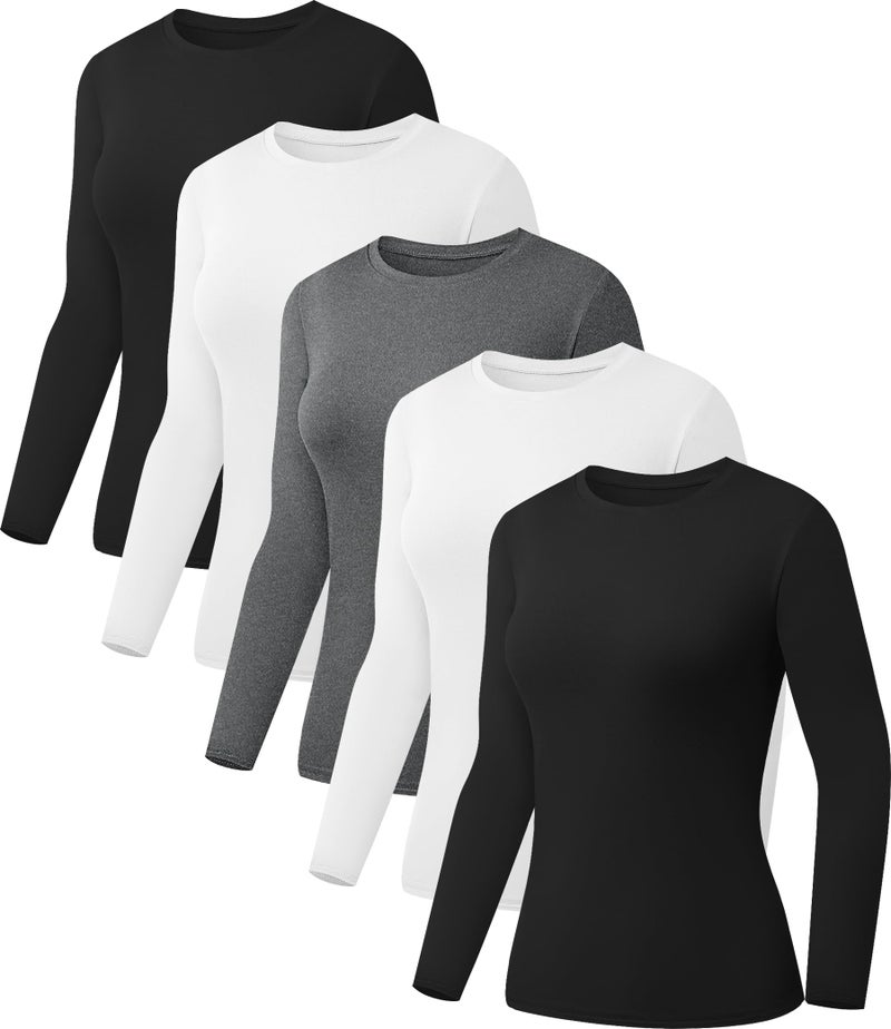 Kinglaman 5 Pack Womens Basic Long Sleeve Shirts Crew Neck Slim-Fit Fitted T Shirts Tops Undershirts Underscrub Baselayer 2 Black 2 White 1 Heather Grey Small - Image 1