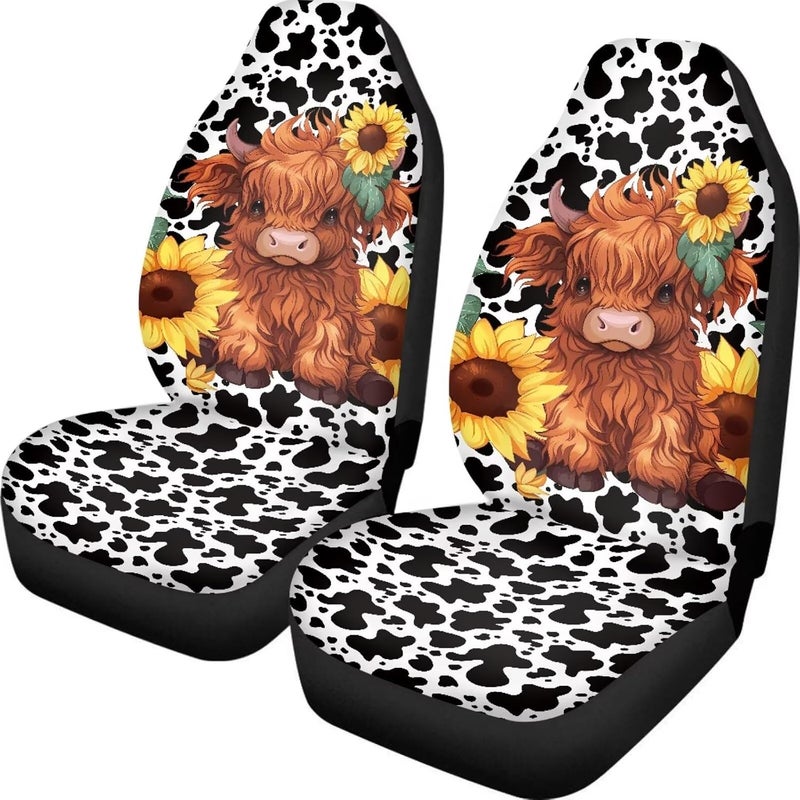 TOADDMOS Cute Sunflower Highland Cow Front Seat Covers for Cars Bucket Seat Covers Black Cow Spots Decorative Automotive Seat Cushion Protectors Covers Automotive Accessories Interior Decoration - Image 1